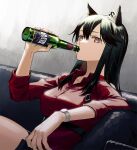  1girl alcohol animal_ear_fluff animal_ears arknights black_hair bottle colored_inner_hair drinking ear_piercing holding holding_bottle kuroda_(nanchara_flight) long_hair looking_at_viewer multicolored_hair official_alternate_costume piercing red_eyes red_shirt redhead shirt sitting solo texas_(arknights) texas_(willpower)_(arknights) watch watch wolf_ears 