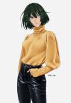  1girl artist_name black_pants dark_green_hair green_eyes grey_background hand_in_pocket highres koihorkka leather leather_pants long_sleeves one-punch_man open_mouth pants ribbed_sweater short_hair signature simple_background solo standing sweater turtleneck turtleneck_sweater yellow_sweater 