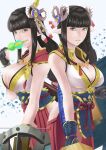  2girls black_hair blush breasts exposed_shoulders hinoa holding_weapon japanese_clothes kimono lips long_hair minoto monster_hunter monster_hunter_(series) monster_hunter_rise multiple_girls pointy_ears siblings twins zoe_(pixiv14958522) 