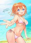  1girl bad_id bad_twitter_id bangs beach bikini blue_eyes blue_sky blurry blurry_background clouds cloudy_sky commentary cowboy_shot dated day depth_of_field duplicate dutch_angle front-tie_bikini front-tie_top groin hair_ribbon halterneck highres horizon kousaka_honoka looking_at_viewer love_live! love_live!_school_idol_project medium_hair miyamae_porin navel ocean one_side_up open_mouth orange_hair outdoors pixel-perfect_duplicate reaching_out ribbon short_hair side-tie_bikini sky smile solo standing string_bikini swimsuit twitter_username white_bikini yellow_ribbon 