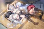  3girls arms_up azur_lane bangs black_legwear black_skirt blue_eyes blush breasts brown_cardigan brown_footwear cardigan come_hither eyebrows_visible_through_hair gangut_(azur_lane) hair_between_eyes hair_ornament hairpin highres hisasi in_container large_breasts long_hair long_sleeves mouth_hold multicolored_hair multiple_girls navel off_shoulder official_art parted_bangs partially_unbuttoned plaid plaid_skirt pulled_by_another red_eyes red_ribbon red_skirt redhead ribbon ribbon_in_mouth shirt shoes short_sleeves silver_hair skirt sovetsky_soyuz_(azur_lane) stomach streaked_hair sweat take_your_pick tallinn_(azur_lane) thigh-highs thighhighs_pull very_long_hair waifu2x white_shirt wooden_floor 