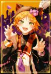  1boy 723/nanahumi :d animal_ears animal_hat aoi_hinata bangs black_headwear black_jacket blonde_hair blush claw_pose commentary_request cupcake drawstring ensemble_stars! eyebrows_visible_through_hair fake_animal_ears fangs food green_eyes hands_up hat highres hood hood_down hooded_jacket jacket looking_at_viewer macaron male_focus open_clothes open_jacket open_mouth parted_bangs plaid purple_neckwear shirt smile solo star_(symbol) suspenders twitter_username upper_body upper_teeth v-shaped_eyebrows white_shirt 