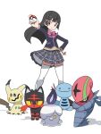 1girl accelgor ahoge black_hair black_skirt blazer blue_jacket bow bowtie breasts brown_footwear brown_vest closed_mouth collared_shirt commentary crossover eyebrows_visible_through_hair floating_hair full_body gen_2_pokemon gen_5_pokemon gen_7_pokemon hair_ornament hairclip hand_on_hip holding holding_poke_ball jacket litten litwick loafers long_hair long_sleeves looking_at_viewer mimikyu miniskirt nijisanji outstretched_arm panasonynet parody pink_bow pink_neckwear plaid plaid_skirt pleated_skirt poke_ball poke_ball_(basic) pokemon pokemon_(game) pokemon_sm school_uniform shadow shirt shoes simple_background skirt small_breasts smile standing straight_hair style_parody thigh-highs translated tsukino_mito vest violet_eyes virtual_youtuber when_you_see_it white_background white_legwear white_shirt wooper 