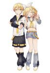  1boy 1girl arm_behind_back black_legwear black_shorts blonde_hair blush bow brother_and_sister closed_eyes collarbone commentary detached_sleeves full_body grey_legwear grey_shorts grey_sleeves hair_between_eyes hair_bow hand_on_own_chin headset kagamine_len kagamine_rin leg_warmers long_hair looking_at_viewer navel necktie open_mouth orange_belt sailor_collar shimada71_72 shirt short_hair shorts siblings simple_background sparkle standing symbol_commentary twintails vocaloid waving white_background white_bow white_shirt yellow_eyes yellow_neckwear 