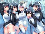  5girls aburai_yui ass black_hair breast_hold cleavage collarbone dress earmuffs emperor_penguin eyebrows_visible_through_hair gentoo_penguin headphones humboldt_penguin kemono_friends leotard open_mouth panties pink_eyes rockhopper_penguin royal_penguin thigh-highs white_panties wink 