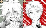  2boys :d ahoge bangs blush collarbone commentary_request dangan_ronpa_(series) dangan_ronpa_2:_goodbye_despair emoji face grey_background hair_between_eyes hand_up heart hinata_hajime hood hood_down imitating komaeda_nagito looking_at_viewer male_focus medium_hair multiple_boys necktie open_mouth portrait ppap_(11zhakdpek19) red_background short_hair smile translation_request upper_teeth 