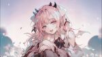  1girl atelier_live bare_shoulders dragon_horns earrings eyebrows_visible_through_hair fingernails flower hair_ribbon horns jewelry kuzuryu_io multiple_horns open_mouth pink_hair ribbon solo storybuns upper_body virtual_youtuber wings 