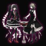  2girls bangs black_background black_dress black_footwear black_hair black_jacket black_legwear bonnet card celestia_ludenberg center_frills commentary_request dangan_ronpa:_trigger_happy_havoc dangan_ronpa_(series) dangan_ronpa_v3:_killing_harmony dress drill_hair flower frills gloves gothic_lolita high_heels highres igoyo jacket lolita_fashion long_hair looking_at_another medium_hair multiple_girls necktie pantyhose playing_card print_neckwear red_eyes red_flower red_footwear red_neckwear shirt smile standing thigh-highs toujou_kirumi twin_drills twintails white_shirt 