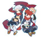  1boy 1girl black_hair closed_mouth commentary_request cyndaquil eyelashes female_protagonist_(pokemon_legends:_arceus) floating_scarf gen_2_pokemon gen_5_pokemon gen_7_pokemon grey_eyes hat head_scarf holding holding_pokemon long_hair loose_socks male_protagonist_(pokemon_legends:_arceus) on_head one_eye_closed oshawott pagye pokemon pokemon_(creature) pokemon_(game) pokemon_legends:_arceus pokemon_on_head ponytail red_headwear red_scarf rowlet scarf shoes short_hair sitting starter_pokemon white_headwear 