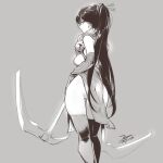 1girl ass breasts character_request dated dress ejami greyscale long_hair looking_at_viewer monochrome scythe signature simple_background solo thigh-highs 