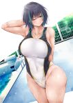  1girl azur_lane blue_eyes breasts cheshire_(azur_lane) commentary_request competition_swimsuit cowboy_shot dutch_angle fence green_eyes grey_hair highres large_breasts looking_to_the_side multicolored_hair one-piece_swimsuit one_eye_closed oriue_wato pool pool_ladder poolside solo standing streaked_hair swimsuit white_swimsuit 