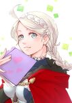  1girl ahoge bangs blue_eyes book braid breasts choker ebi_puri_(ebi-ebi) fire_emblem fire_emblem_fates hairband harness holding holding_book hood looking_at_viewer medium_breasts nina_(fire_emblem) simple_background solo twin_braids upper_body white_hair 