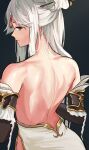  1girl absurdres back backless_outfit bangs bare_shoulders blush breasts genshin_impact hair_ornament hair_stick hairpin highres long_hair looking_at_viewer looking_back loooyd ningguang_(genshin_impact) red_eyes solo tassel white_hair 