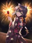  1girl :d absurdres animal_ears bangs black_hair candy_apple cat_ears cat_tail commentary_request drill_hair eyebrows_visible_through_hair fireworks food from_behind green_eyes hair_between_eyes hair_ornament head_tilt highres holding holding_food japanese_clothes karyl_(princess_connect!) kimono long_hair looking_at_viewer looking_back multicolored_hair night night_sky open_mouth princess_connect! sidelocks sky smile solo star_(sky) starry_sky streaked_hair tail two-tone_hair wide_sleeves yukata zeroillya 