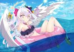  1girl absurdres azusa_(blue_archive) bikini blue_archive breasts clouds flower frilled_bikini frills hair_ornament halo hat highres huge_filesize long_hair looking_at_viewer pvug4274 solo summer sunlight swimsuit water white_hair wings 