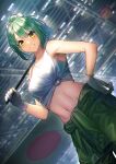  1girl blush collarbone dutch_angle gloves green_hair hair_between_eyes holding kantai_collection looking_at_viewer navel ponytail short_hair smile solo tank_top unowen white_gloves white_tank_top yellow_eyes yuubari_(kancolle) 