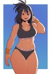  1girl abs black_hair boku_no_hero_academia breasts clothes_writing english_commentary english_text hand_in_hair highres looking_at_viewer medium_hair midriff mole mole_under_mouth muscular muscular_female navel shimura_nana simple_background solo sports_bikini suoiresnu tied_hair toned wristband 