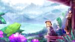  3girls :o artist_name blonde_hair blue_eyes blue_hair blue_skirt brown_headwear brown_skirt clouds cloudy_sky commentary_request crossed_arms day detached_sleeves flower frog frog_hair_ornament green_hair hair_ornament hat highres hydrangea kochiya_sanae lake lake_suwa leaf_hair_ornament leaning_forward light_frown long_hair long_sleeves looking_to_the_side mirror moriya_suwako mountain multiple_girls outdoors purple_skirt purple_vest rain red_eyes red_shirt sandals scenery shirt shirt_under_shirt short_hair sidelocks sitting skirt sky smile torinosuke touhou very_long_hair vest white_shirt wide_shot yasaka_kanako yellow_eyes 