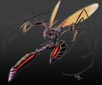  1boy arthropod_legs beast_wars beast_wars:_transformers biomechanical bug claws compound_eyes flying_kick glowing glowing_eyes highres insect insect_wings kicking male_focus mecha mosquito oohara_tetsuya organic predacon transformers transquito wings 