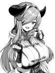  1girl :d belt blush breasts brll fingerless_gloves gloves granblue_fantasy greyscale hair_over_one_eye hands_up highres horns huge_breasts long_hair looking_at_viewer monochrome narmaya_(granblue_fantasy) one_eye_covered open_mouth simple_background skindentation smile solo upper_body white_background 