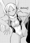  1girl animal_ears boku_no_hero_academia breasts commentary_request dark-skinned_female dark_skin dot_mouth fur_collar greyscale large_breasts long_hair looking_at_viewer mirko monochrome nstime23 rabbit_ears rabbit_girl solo thigh-highs wet 