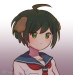  1girl ahoge animal_ears bangs blue_sailor_collar blush brown_hair closed_mouth collarbone commentary dangan_ronpa_(series) dangan_ronpa_another_episode:_ultra_despair_girls dog_ears gradient gradient_background green_eyes highres looking_at_viewer naegi_komaru neckerchief portrait sailor_collar school_uniform shirt short_hair simple_background smile solo twitter_username upper_body white_shirt yuri-usagi 