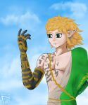  1boy artist_name bare_pectorals blonde_hair blue_eyes blue_sky clouds cloudy_sky earrings highres jewelry link long_hair messy_hair pectorals pointy_ears richart rope_belt self_upload single_bare_shoulder sky tattoo the_legend_of_zelda the_legend_of_zelda:_breath_of_the_wild the_legend_of_zelda:_breath_of_the_wild_2 torn_clothes 