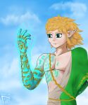  1boy artist_name bare_pectorals blonde_hair blue_eyes blue_sky clouds cloudy_sky earrings glowing glowing_eyes glowing_hand highres jewelry light_particles lightning link long_hair messy_hair pectorals pointy_ears richart rope_belt self_upload single_bare_shoulder sky tattoo the_legend_of_zelda the_legend_of_zelda:_breath_of_the_wild the_legend_of_zelda:_breath_of_the_wild_2 torn_clothes 