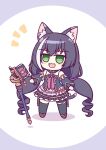  1girl :3 :d animal_ears bangs black_hair black_legwear book cat_ears cat_tail chibi commentary_request detached_sleeves drill_hair eyebrows_visible_through_hair eyes_visible_through_hair frilled_skirt frills full_body green_eyes hair_between_eyes highres karyl_(princess_connect!) kashimu long_hair looking_at_viewer multicolored_hair open_mouth princess_connect! sidelocks simple_background skirt smile solo staff streaked_hair tail thigh-highs twin_drills twintails two-tone_hair zettai_ryouiki 