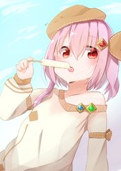  bare_shoulders blush clouds food gurantsu highres licking original pink_hair popsicle red_eyes sky solo 