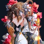  1boy artist_name brown_eyes brown_hair eyebrows_visible_through_hair flower from_side genshin_impact gloves hair_flower hair_ornament holding holding_flower jewelry long_hair looking_at_viewer male_focus parted_lips red_flower upper_body white_flower yeurei zhongli_(genshin_impact) 