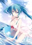  1girl :o artist_revision belly bikini blue_eyes blue_hair breasts choker cleavage collarbone earrings hatsune_miku oywj see-through simsuits sky sun twintails vocaloid water wet 