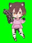  1girl animal_ears assault_rifle blade_(galaxist) brown_eyes brown_hair cat_ears chibi full_body green_background gun hands_up highres holding holding_gun holding_weapon hololive hood hood_down hoodie looking_at_viewer paw_boots pink_hoodie revealing_clothes rifle roboco-san smile solo weapon 