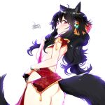  1girl animal_ears ass black_hair blush breasts china_dress chinese_clothes closed_mouth dated dress ejami ekko_(ejami) fox_ears fox_girl fox_tail long_hair looking_at_viewer new_year original red_eyes signature simple_background small_breasts smile solo tail white_background 