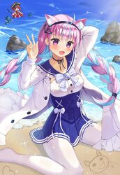  2girls animal_ears breasts chibi choker collarbone eyebrows eyebrows_behind_hair eyebrows_visible_through_hair eyepatch headband hololive kotomaru_(sirouko9511) minato_aqua nekomimi open_mouth pantyhose pink_eyes pink_hair pirate ribbon_choker rock seifuku thighs twintails water wet white_pantyhose 