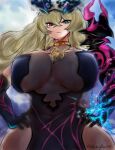  1girl armor bangs blonde_hair breastplate breasts chain fate/grand_order fate_(series) gauntlets gawain_(fairy_knight)_(fate) highres horns karufon96 large_breasts looking_at_viewer sweat thick_eyelashes thick_thighs thighs tristan_(fate) 