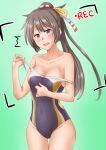  1girl ^^^ anti_(untea9) bare_shoulders brown_hair clothes_pull commentary_request competition_swimsuit cowboy_shot gradient gradient_background green_background grey_eyes grey_swimsuit hair_ribbon highres kantai_collection kazagumo_(kancolle) long_hair looking_at_viewer one-piece_swimsuit ponytail recording ribbon solo swimsuit swimsuit_pull thigh_gap 