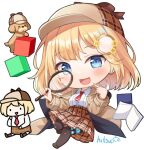  1girl :d ^_^ animal bangs big_head black_legwear blonde_hair blue_eyes blush book breasts brown_footwear brown_headwear brown_jacket brown_skirt bubba_(watson_amelia) chibi closed_eyes collared_shirt commentary cube dog english_commentary eyebrows_visible_through_hair full_body hair_ornament hitsukuya holding hololive hololive_english jacket loafers long_hair magnifying_glass medium_breasts monocle_hair_ornament multiple_views necktie open_book open_clothes open_jacket open_mouth plaid plaid_headwear plaid_skirt pleated_skirt red_neckwear shirt shoes short_necktie signature simple_background skirt smile thigh-highs virtual_youtuber watson_amelia white_background white_shirt 