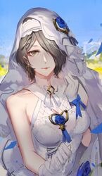  1girl alternate_eye_color bangs bare_shoulders blue_sky breasts bridal_veil bride brown_eyes dress earrings gloves hair_over_one_eye highres honkai_(series) honkai_impact_3rd jewelry looking_at_viewer outdoors rita_rossweisse rita_rossweisse_(artemis) sky smile solo veil wedding_dress white_dress white_gloves yk93 