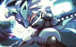  blurry commentary_request fighting_stance fur furry gen_4_pokemon glowing incoming_attack legs_apart light lucario pokemon pokemon_(creature) red_eyes solo sparkle spikes stadium yottur 