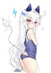  1girl :t ass bangs bare_arms bare_shoulders blue_swimsuit blush closed_mouth eyebrows_visible_through_hair hair_between_eyes hair_ornament indie_virtual_youtuber lightning_bolt_symbol long_hair looking_at_viewer looking_to_the_side official_art old_school_swimsuit one-piece_swimsuit padko pout red_eyes school_swimsuit shiodome_oji simple_background solo swimsuit tail tail_raised trembling very_long_hair virtual_youtuber wet wet_hair white_background white_hair 
