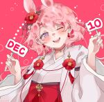  1girl ;d animal_ears choker dated earrings flower hair_flower hair_ornament hands_up indie_virtual_youtuber japanese_clothes jewelry kimono kyousa38 looking_at_viewer one_eye_closed open_mouth pink_hair rabbit_ears red_background red_flower shirazuya_eru smile solo upper_body virtual_youtuber wide_sleeves 