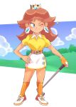  1girl ;) blue_eyes blush brown_hair collared_shirt crown earrings full_body gloves golf highres holding_golf_club inkerton-kun jewelry long_hair looking_to_the_side super_mario_bros. one_eye_closed princess_daisy shirt shoes short_sleeves single_glove skirt smile socks solo standing white_skirt yellow_shirt 