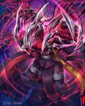  1boy antonio_salieri_(fate) armor bodysuit claws fate/grand_order fate_(series) full_armor gloves highres keselum_(neganeura) male_focus mask monster_boy purple_background red_gloves solo striped twitter_username vertical_stripes 