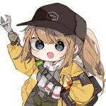  1girl bans baseball_cap belt belt_buckle buckle byako_(srktn) commission deele_(girls_frontline) dima_(girls_frontline) genderswap genderswap_(mtf) girls_frontline gloves green_eyes hat highres jacket long_hair open_mouth ponytail rogue_division_agent solo tactical_clothes tom_clancy&#039;s_the_division watch wrench yellow_jacket 