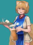  1girl :d absurdres animal_ears blonde_hair blue_background blush breasts chanta_(ayatakaoisii) cowboy_shot cup dress food fox_ears fox_tail highres holding holding_cup holding_tray ice_cream large_breasts looking_at_viewer multiple_tails no_hat no_headwear open_mouth pitcher short_hair smile solo sweat tabard tail touhou tray white_dress yakumo_ran yellow_eyes 