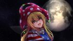  1girl american_flag_dress blonde_hair blush breasts clownpiece commission commissioner_upload fairy_wings faruhanart hat highres jester_cap long_hair looking_at_viewer moon neck_ruff open_mouth red_eyes smile solo space touhou very_long_hair wings 