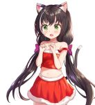  1girl absurdly_long_hair absurdres animal_ears bangs bare_shoulders black_hair bow cat_ears cat_tail collarbone commentary_request eyebrows_visible_through_hair fang fur-trimmed_skirt fur_trim green_eyes hair_between_eyes hair_bow hair_ribbon highres karyl_(princess_connect!) long_hair looking_away low_twintails midriff multicolored_hair navel pleated_skirt princess_connect! ribbon sidelocks simple_background skirt solo streaked_hair tail twintails two-tone_hair very_long_hair white_background younger zeroillya 