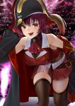  1girl blush breasts eyebrows fang hat heterochromia hololive houshou_marine jacket open_mouth pirate_hat red_skirt skirt thigh-highs thighhighs thighs ur-8 