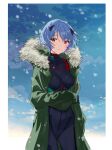  1girl ayanami_rei bangs blue_hair bodysuit bodysuit_under_clothes border breasts closed_mouth coat commentary_request evangelion:_3.0_you_can_(not)_redo fur_collar green_coat hanae_haruka highres interface_headset long_sleeves neon_genesis_evangelion open_clothes open_coat outside_border plugsuit rebuild_of_evangelion red_eyes short_hair sky sleeves_past_fingers sleeves_past_wrists smile snowing solo standing white_border winter_clothes 